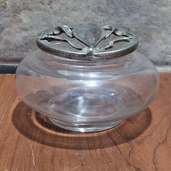 Glass Trinket Jar Calla Lily Pewter Potpourri Dish Incense Holder - Picture 1 of 9